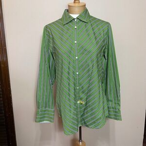 Jones New York Signature Green Striped Button Down Shirt Womens Large Cotton